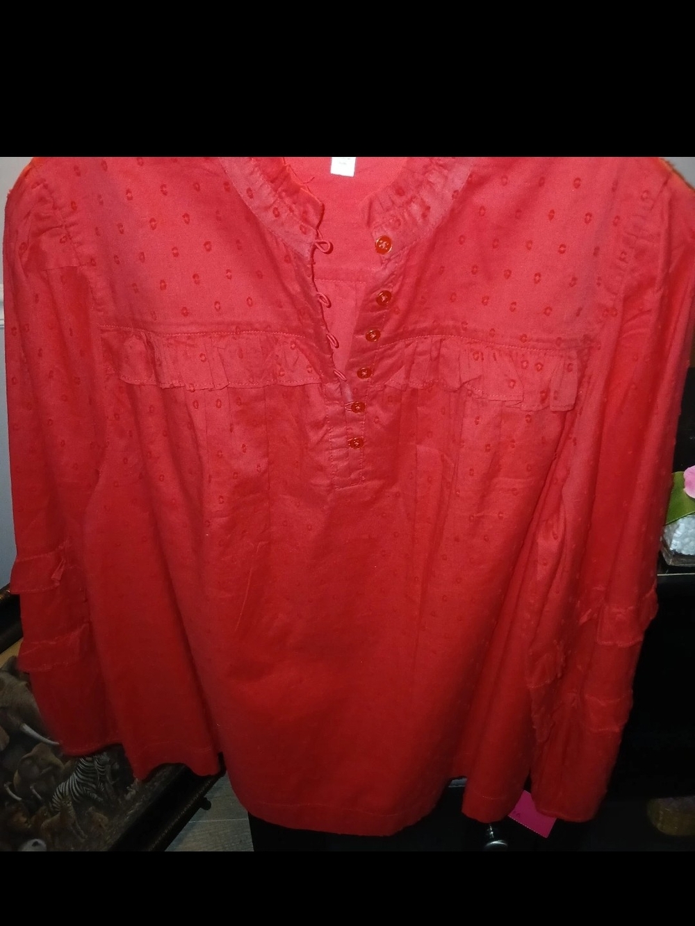 Crown & Ivy Red Ruffle-Front Top Button Blouse With Ruffle Neck And Sleeves - Picture 9 of 16